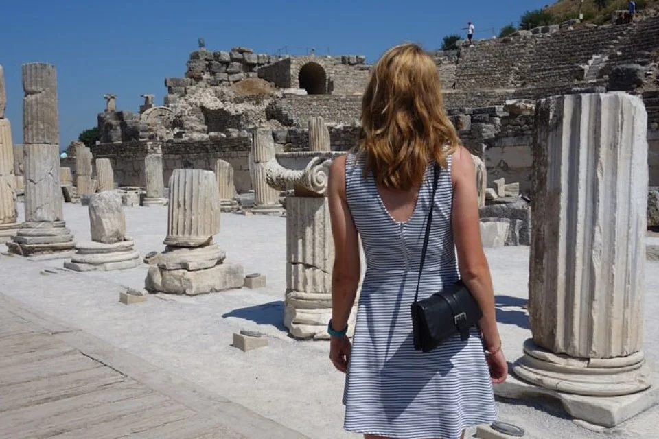 Traveller among the columns and ruins of Ephesus